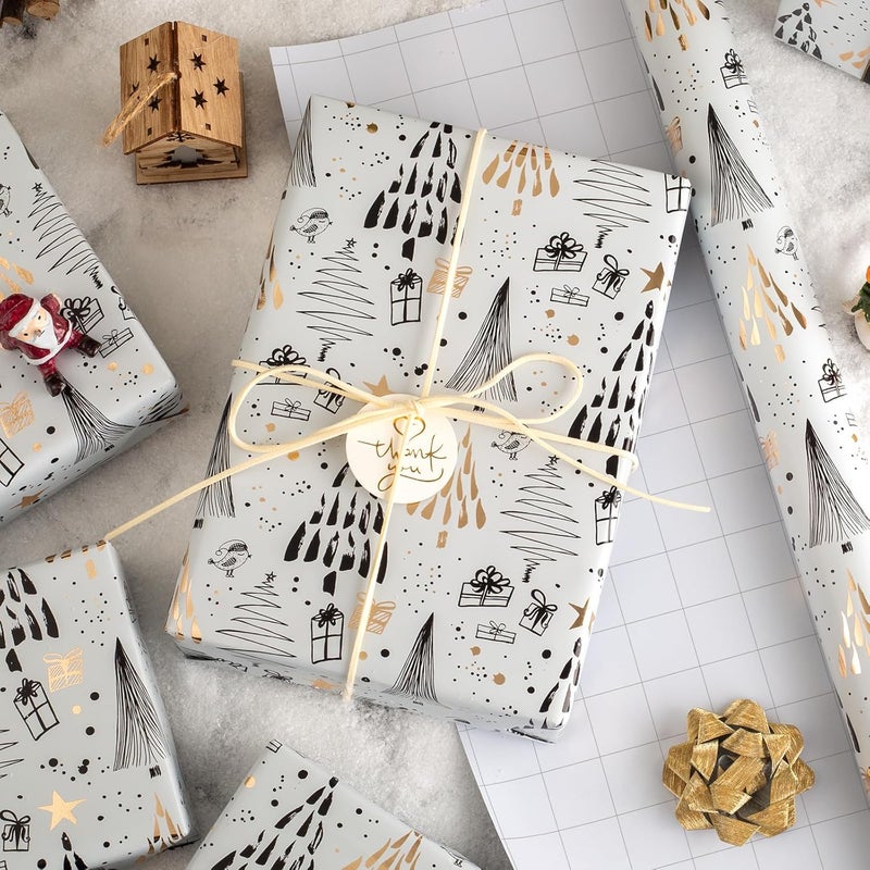 MAYPLUSS Christmas Gift Wrapping Paper - 17 Inch X 33 Feet - Minimalistic Elegant Christmas Tree Snowy Star with Metallic Foil Design Winter Holiday Gift Wrap Sheet for Party, Festive Decorations - Image 3